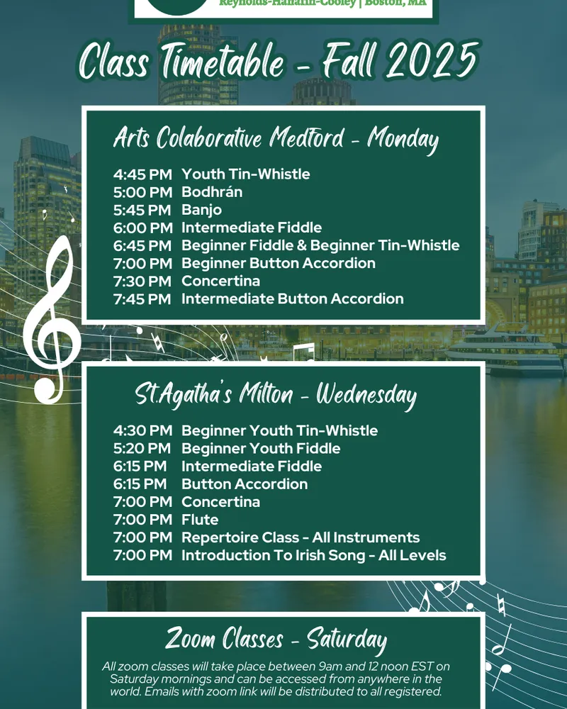 Timetable of the current term's classes at the CCÉ Boston Music School
